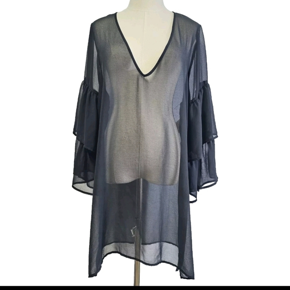 Michael Kors Women's Black Sheer Medium Boho Sheer Ruffle Sleeves Beach Cover Up